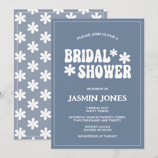 Invitation Retro Dusty Blue Daisy Flower Bridal Shower  (Devant / Derrière)