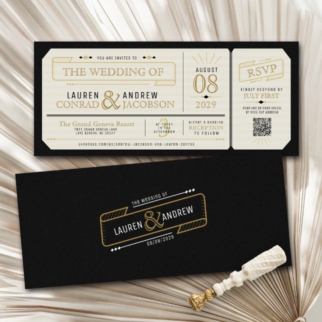 Invitation Retro Elegant Black & Gold Vintage Ticket Wedding (Unique retro black and gold vintage simple classy ticket style qr code rsvp 4x9 wedding invitation)