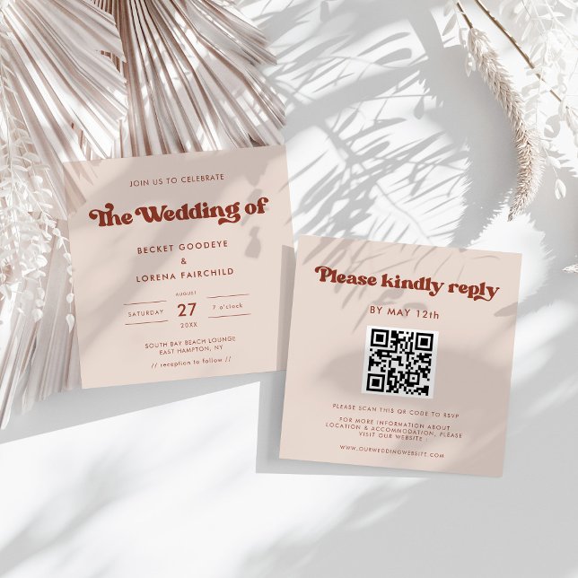 Invitation Retro élégant Peach Pink Carré mariage (Créateur téléchargé)