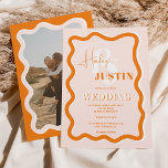 Invitation Retro en terre cuite courge ondulé mariage photo<br><div class="desc">Un cool noms gras faire-part de mariage avec des noms personnalisés avec une calligraphie manuscrite et une police serif, 2 noms, deux styles avec la courbe en terre cuite rétro squiggle photo mariage ondulé. Tous les textes, noms et couleurs arrière - plans sont personnalisables pour vous permettre de mélanger et...</div>