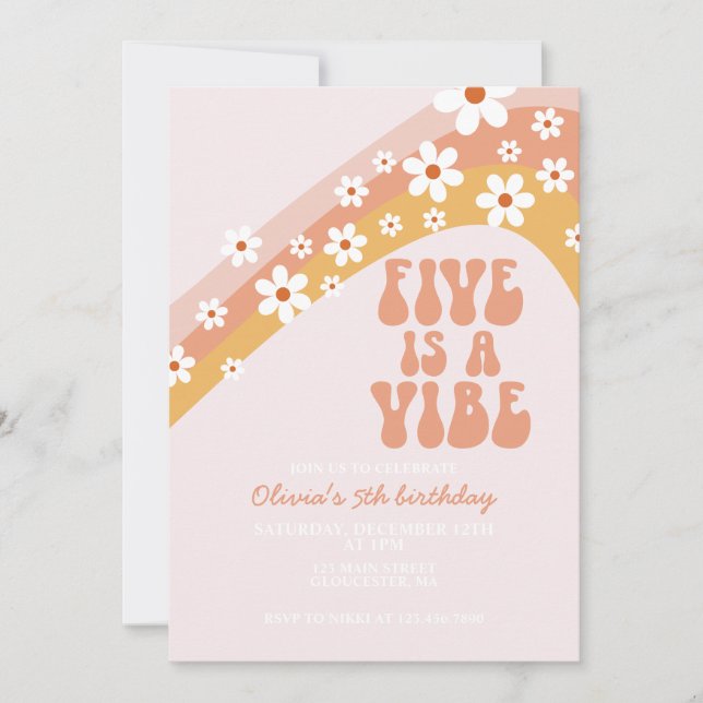Invitation Retro Five est une ambiance Groovy daisy 5e annive (Devant)