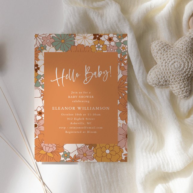 Invitation Retro Floral Baby Shower Warm Orange Vintage Fall (Créateur téléchargé)