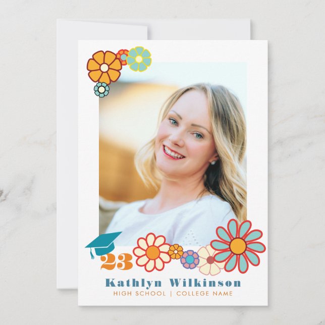 Invitation Retro Floral Élégant Script Chic Photo Graduation (Devant)