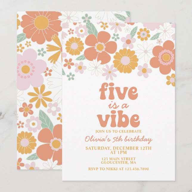 Invitation Retro Floral Five est un Vibe 5e anniversaire (Devant / Derrière)