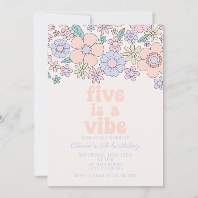 Invitation Retro Floral Five est une Vibe pour un 5ème annive (Devant)