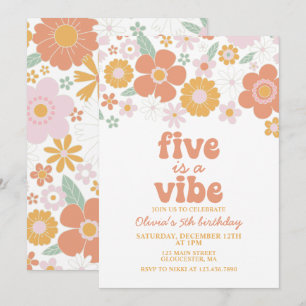 Invitation Retro Floral Five est une Vibe pour un 5ème annive