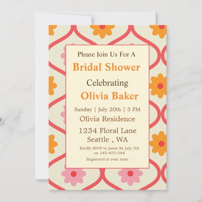 Invitation Retro Floral Ogee Mid-Century Modern Bridal Shower (Devant)