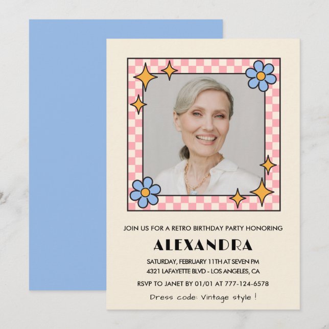 Invitation rétro florale avec photo pour 86e anniv (Devant / Derrière)
