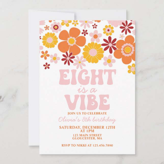 Invitation Retro Flower EIGHT est une ambiance de 8e annivers (Devant)