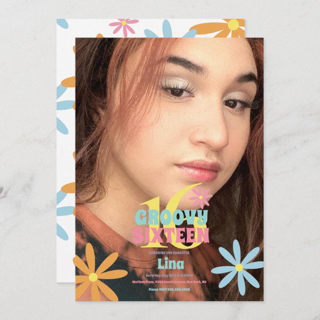 Invitation Retro Flower Sweet 16 Anniversaire Photo (Devant / Derrière)