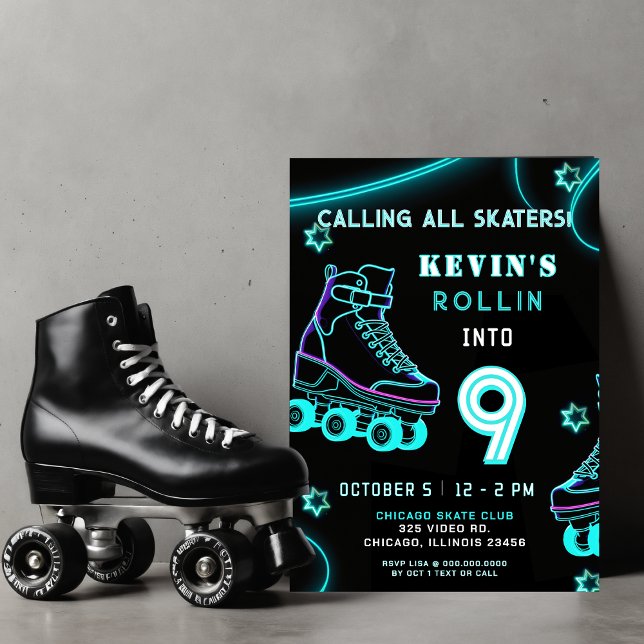 Invitation Retro Fun Neon Glow Roller Patinage Anniversaire (Retro Fun Neon Glow Roller Skate Birthday Invitation)