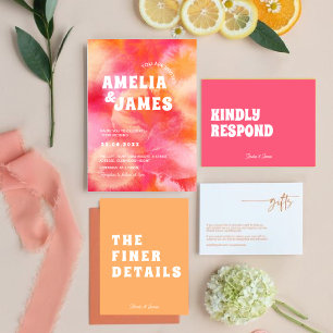 Invitation Retro Funky moderne rose orange Mariage