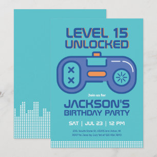Invitation Retro Gamer Boy Jeux Vidéos Bleus Turquoises Anniv