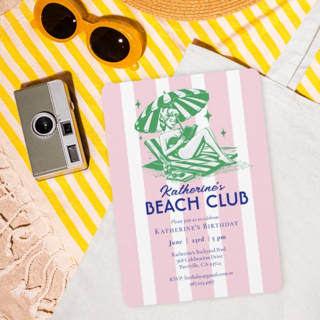 Invitation Retro Girl Pink Stripes Beach Club Anniversaire (Créateur téléchargé)