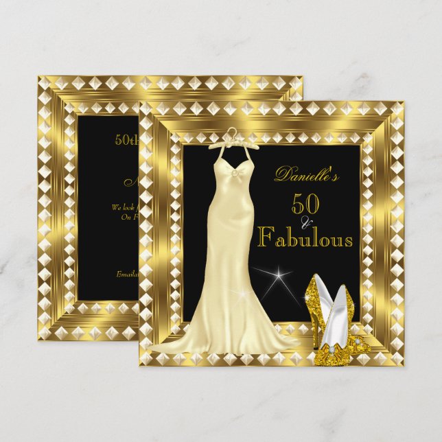 Invitation Rétro Glamour Hollywood Fabuleux 50 Or Déco 3 (Devant / Derrière)