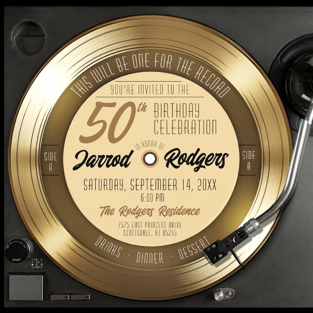 Invitation Retro Gold Black Vinyl Record 50e fête d'anniversa (round circle shape retro solid gold vinyl record 50th birthday party invitation gold and black theme)