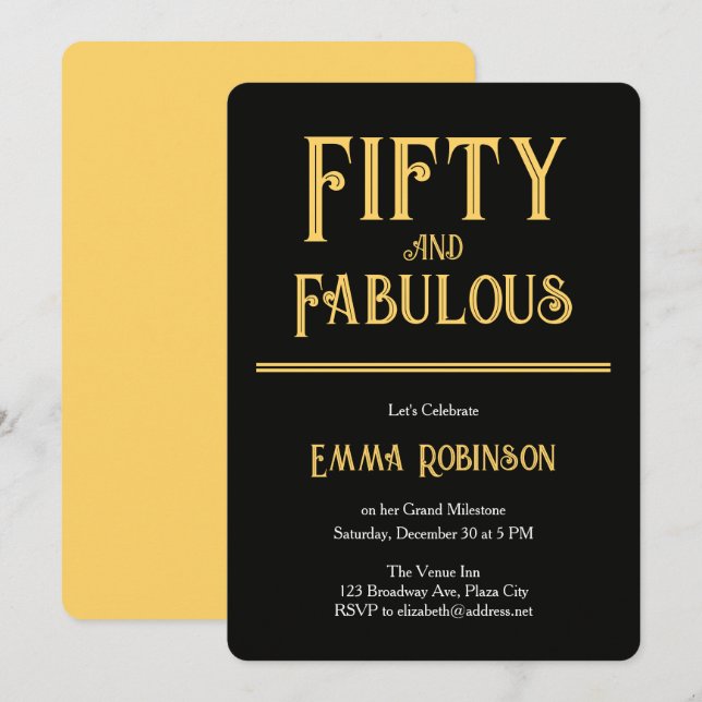 Invitation Retro Gold "Cinquante ans et Fabuleux" 50e Anniver (Devant / Derrière)