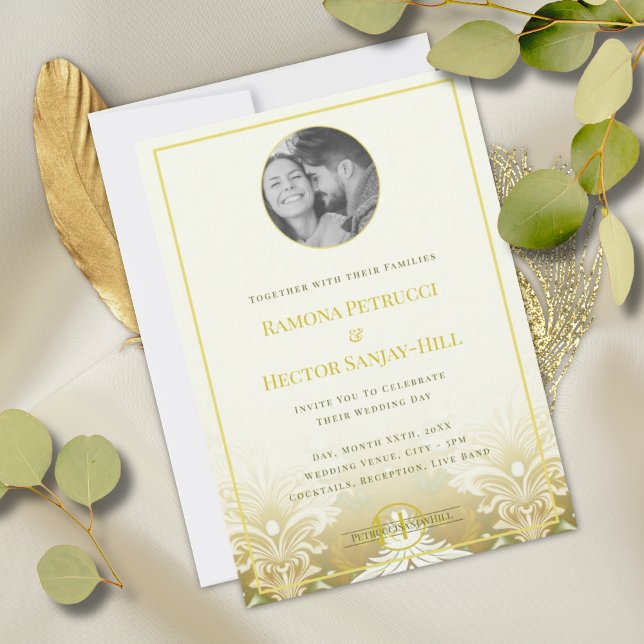 Invitation Retro Gold Green Damask 1 Mariage photo (Créateur téléchargé)