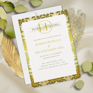 Invitation Retro Gold Green Mariage damassé