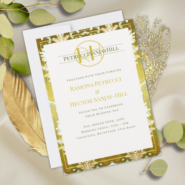 Invitation Retro Gold Green Mariage damassé (Créateur téléchargé)