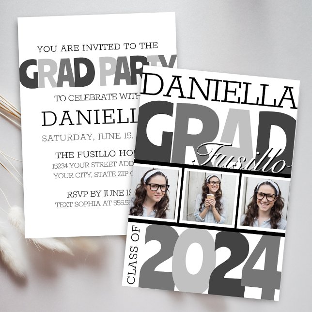Invitation Retro Gras surdimensionné Noir et Blanc Grad Party (Modern Bold Oversized Retro Photo Reel Graduation Announcement for Grad Party Invitation)