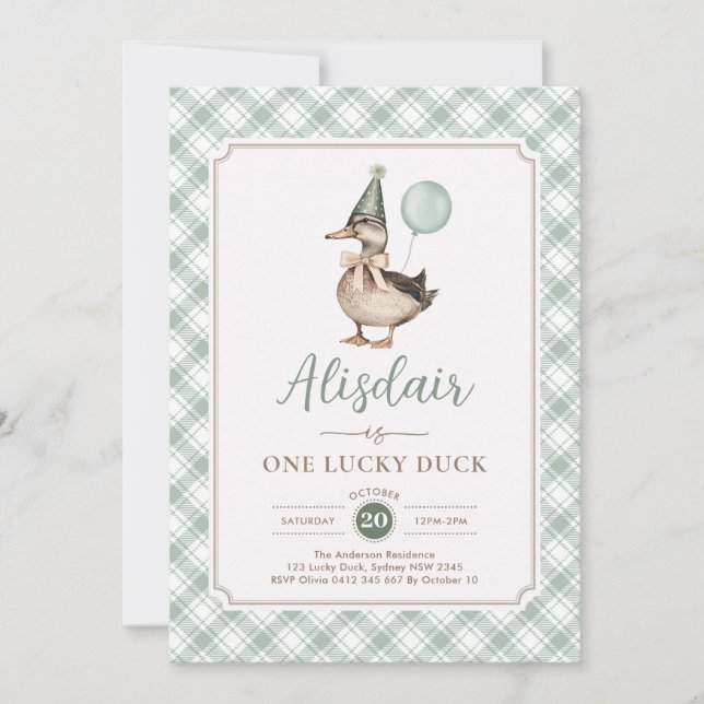 Invitation Retro Green One Lucky Duck Balloon 1er anniversair (Devant)