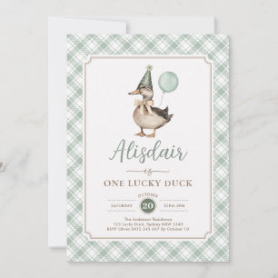 Invitation Retro Green One Lucky Duck Balloon 1er anniversair