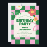 Invitation Retro Green Pink Checker 21e fête d'anniversaire<br><div class="desc">Retro Green Pink Checker Motif fête d'anniversaire</div>