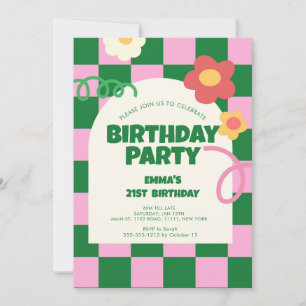 Invitation Retro Green Pink Checker 21e fête d'anniversaire