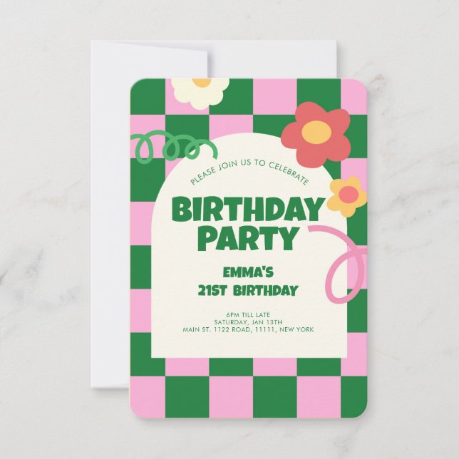 Invitation Retro Green Pink Checker Motif fête d'anniversaire (Devant)