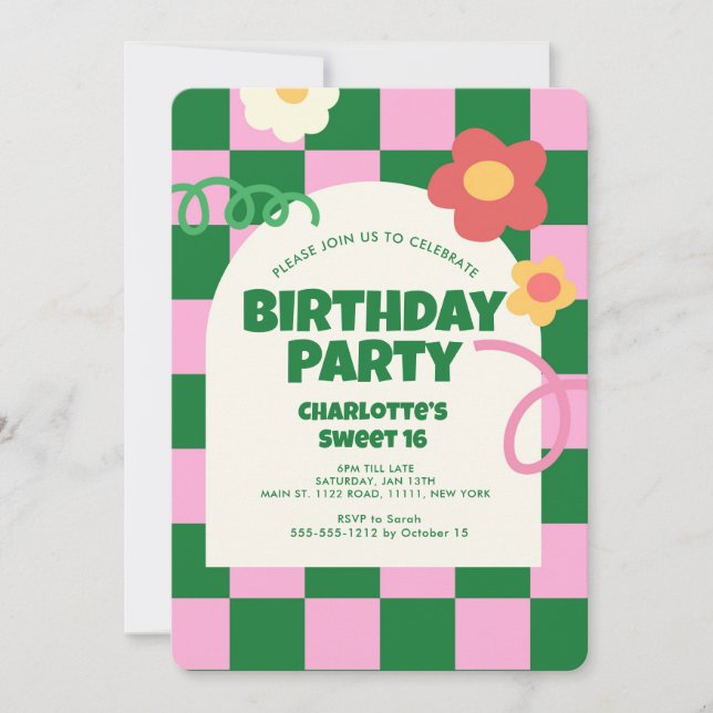 Invitation Retro Green Pink Checker Sweet 16 fête d'anniversa (Devant)