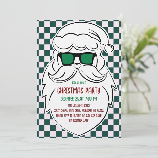 Invitation Retro Green Pink Checkered Santa Claus Christmas  (Debout devant)