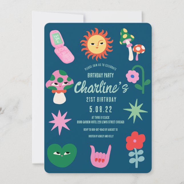 Invitation Retro Green Pink fête du 21e anniversaire (Devant)