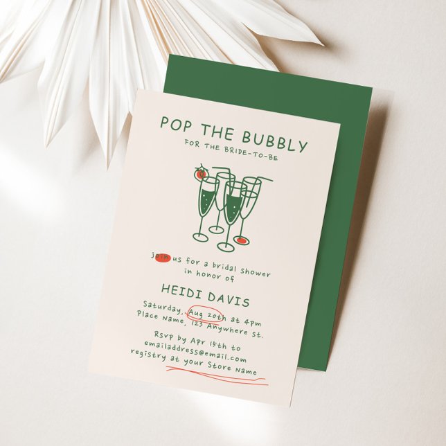 Invitation Retro Green & Red Pop The Bubly Fête des mariées (Retro Green & Red Pop The Bubbly Bridal Shower Invitation)