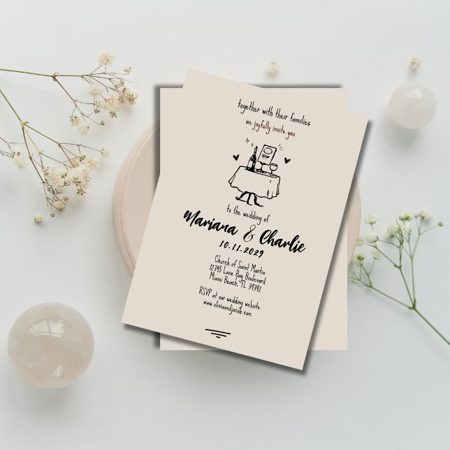 Invitation Retro Grey Hand Drawn Illustration Wedding  (Créateur téléchargé)