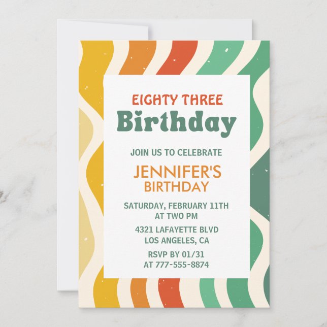 Invitation Rétro Groovy Anniversaire 70s ondulé 83 ans (Devant)