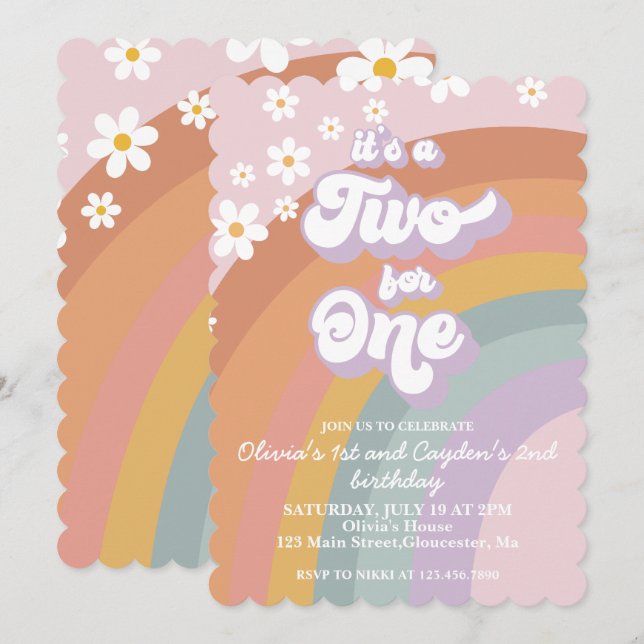 Invitation Rétro Groovy Arc-en-Ciel Deux Pour Un (Devant / Derrière)