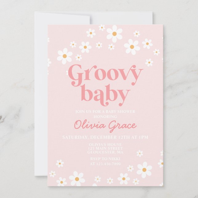 Invitation rétro groovy bébé rose pour Baby Shower (Devant)