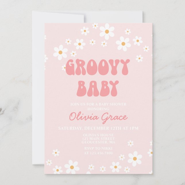 Invitation rétro groovy bébé rose pour Baby Shower (Devant)