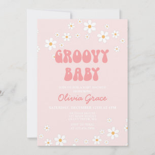 Invitation rétro groovy bébé rose pour Baby Shower