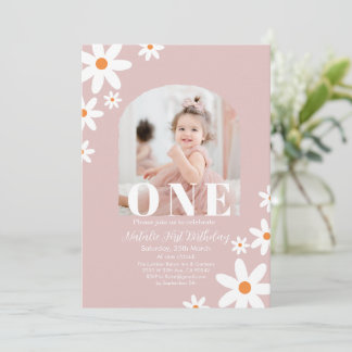 Invitation Retro Groovy Daisy Boho photo Girl 1st Birthday