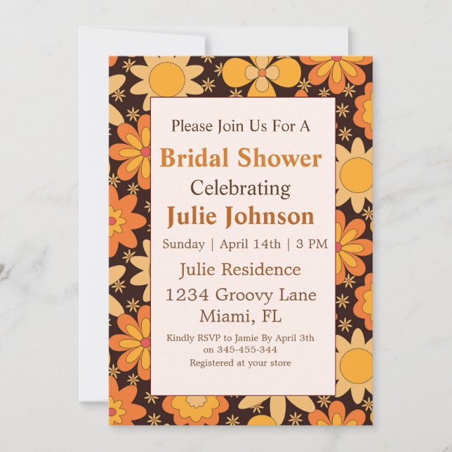 Invitation Retro Groovy Floral Orange jaune Enterrement de vi (Devant)