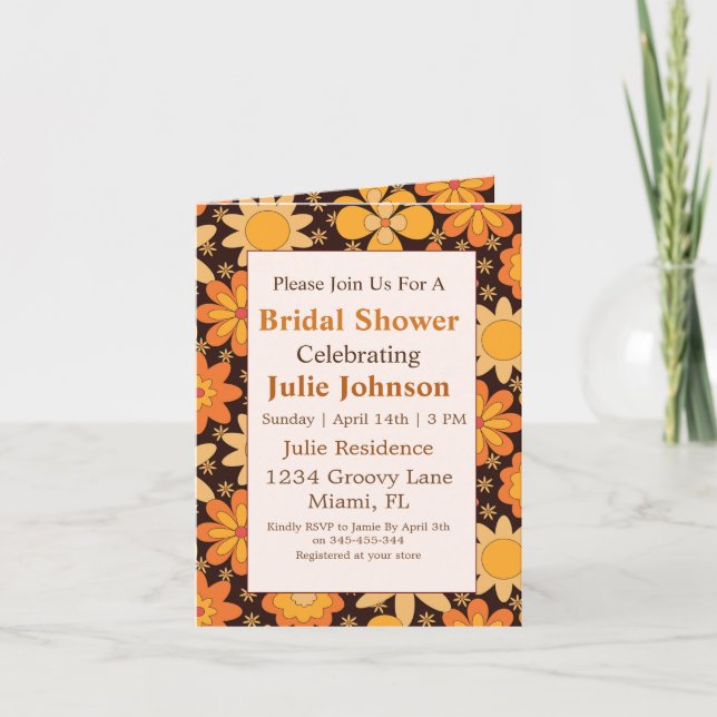 Invitation Rétro Groovy Floral Orange jaune Fête de Mariage (Devant)