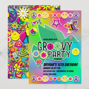 Invitation Retro Groovy FUN Anniversaire 60's Soixante Love P
