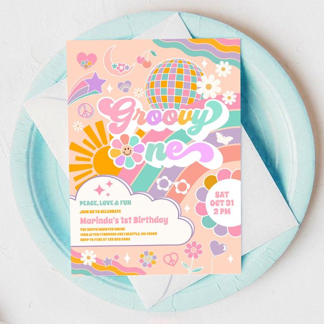 Invitation rétro Groovy One pour 1er anniversaire  (Créateur téléchargé)