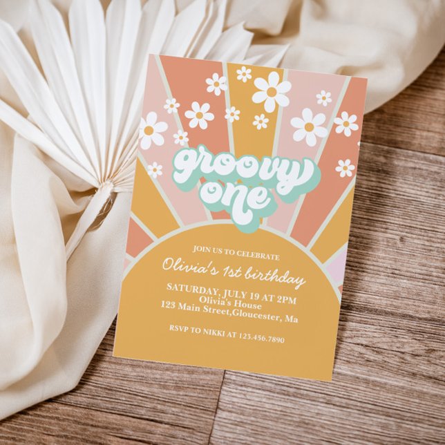 Invitation rétro Groovy One Sunshine fleur de marg (Créateur téléchargé)
