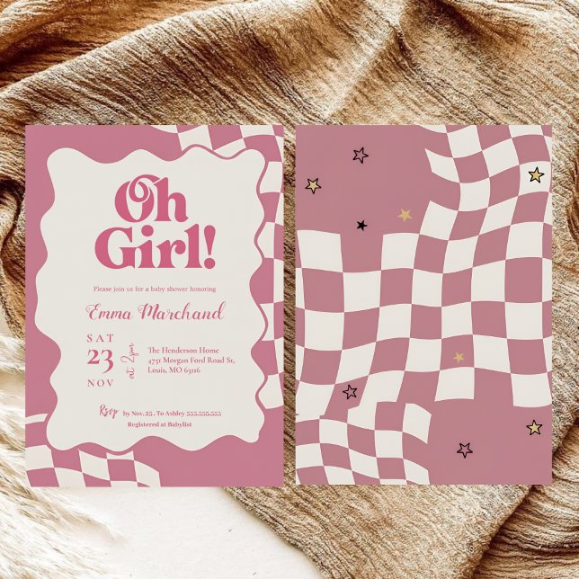 Invitation Retro Groovy Pink Checkered Oh Girl Baby Shower (Créateur téléchargé)