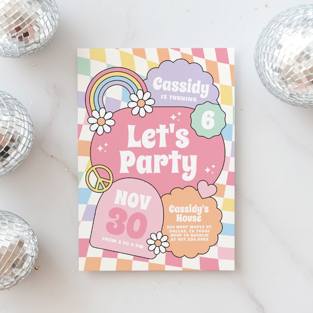Invitation Retro Groovy Rainbow Checker Girl Birthday (Créateur téléchargé)