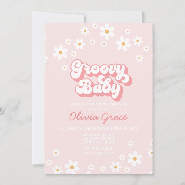 Invitation rétro groovy rose pour Baby Shower (Devant)
