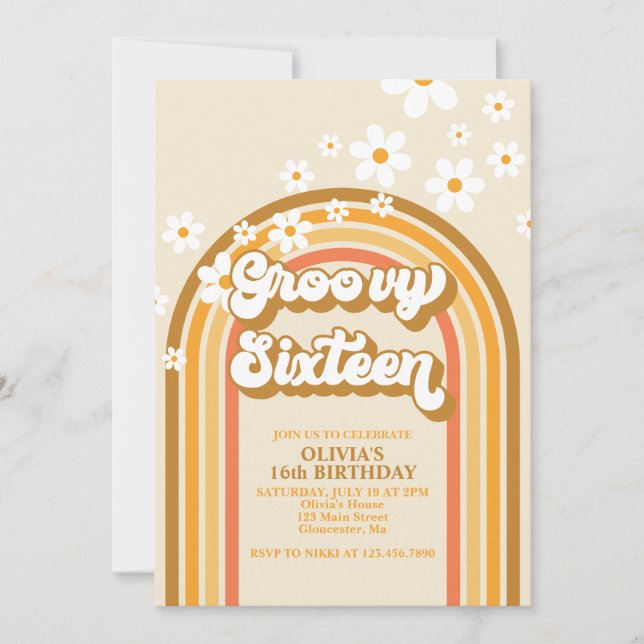 Invitation Retro Groovy Seize Arc-en-Ciel Marguerite 16e Anni (Devant)